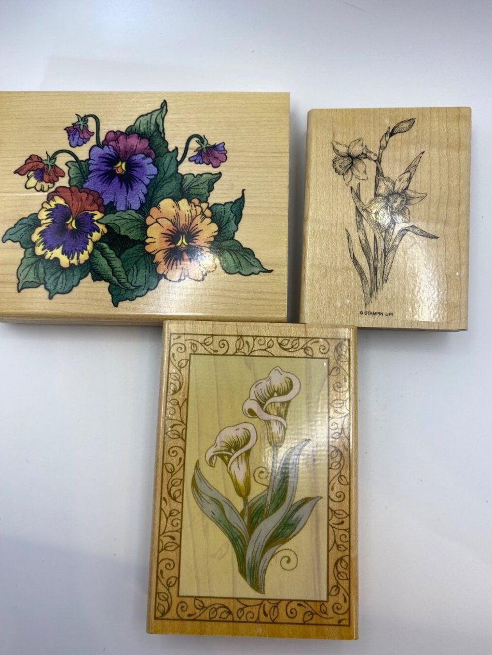 Floral Rubber Stamps Set Of 3 Wooden Blocks Detailed Flower Designs